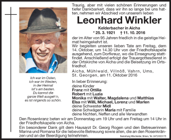 Traueranzeigen Von Leonhard Winkler Trauer Bz