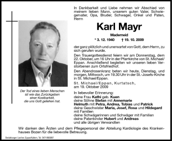 Traueranzeigen Von Karl Mayr Trauer Bz