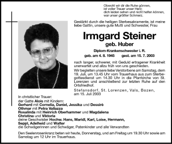 Traueranzeigen Von Irmgard Steiner Trauer Bz