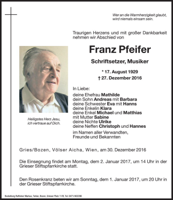 Traueranzeigen Von Franz Pfeifer Trauer Bz