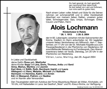 Traueranzeigen Von Alois Lochmann Trauer Bz