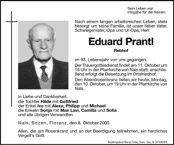 Traueranzeigen Von Eduard Prantl Trauer Bz