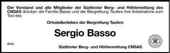 Traueranzeige von Sergio Basso von Dolomiten