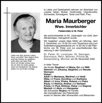 Traueranzeigen Von Maria Innerbichler Trauer Bz