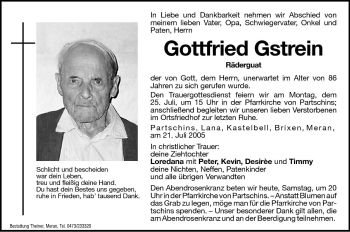 Traueranzeigen Von Gottfried Gstrein Trauer Bz