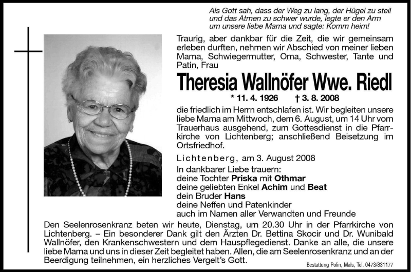 Traueranzeigen Von Theresia Riedl Trauer Bz