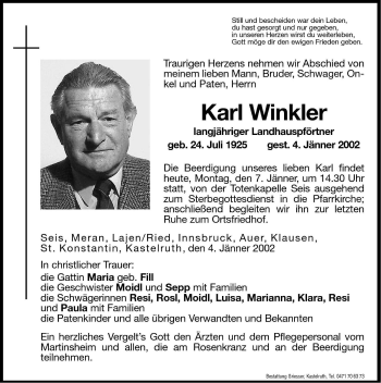 Traueranzeigen Von Karl Winkler Trauer Bz