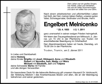 Traueranzeigen Von Engelbert Melnicenko Trauer Bz