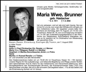 Traueranzeigen Von Maria Brunner Trauer Bz