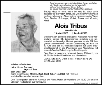 Traueranzeigen Von Alois Tribus Trauer Bz