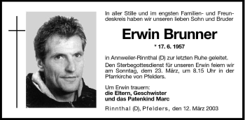 Traueranzeigen Von Erwin Brunner Trauer Bz