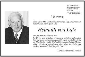 Traueranzeigen Von Helmuth Von Lutz Trauer Bz