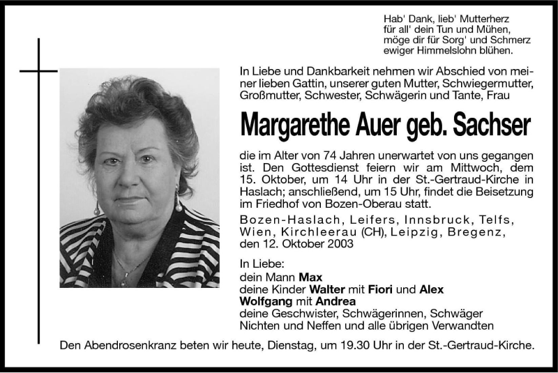 Traueranzeigen Von Margarethe Auer Trauer Bz