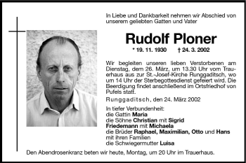 Traueranzeigen Von Rudolf Ploner Trauer Bz