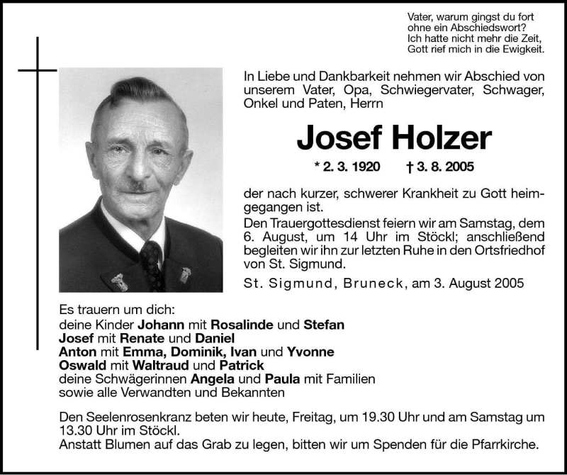 Traueranzeigen Von Josef Holzer Trauer Bz