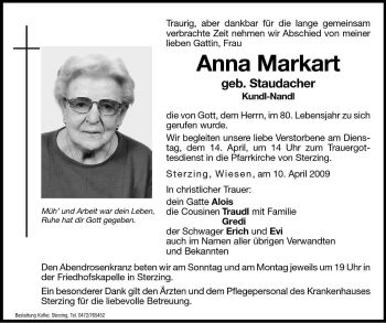 Traueranzeigen Von Anna Markart Trauer Bz