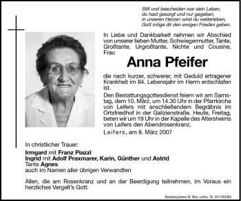 Traueranzeigen Von Anna Pfeifer Trauer Bz