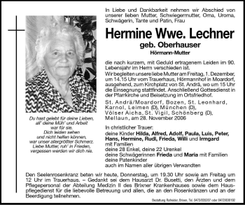 Traueranzeigen Von Hermine Lechner Trauer Bz