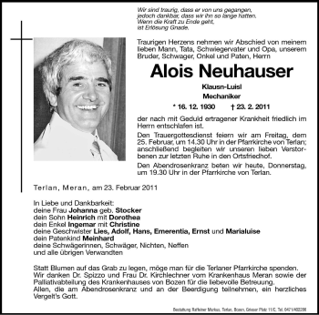 Traueranzeigen Von Alois Neuhauser Trauer Bz