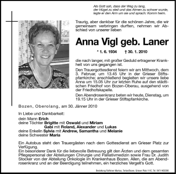 Traueranzeigen Von Anna Vigl Trauer Bz