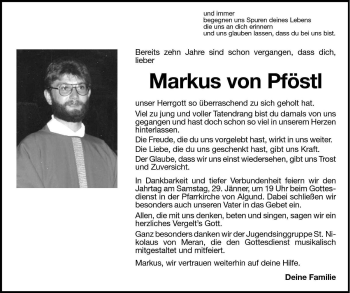 Traueranzeigen von Markus von Pföstl Trauer bz