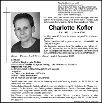 Traueranzeigen Von Charlotte Kofler Trauer Bz