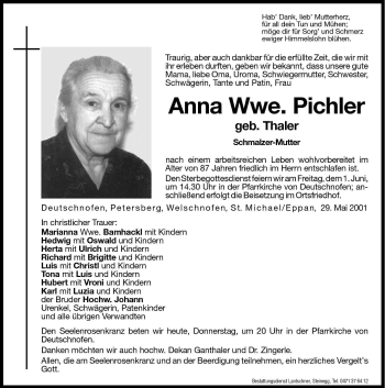 Traueranzeigen Von Anna Pichler Trauer Bz