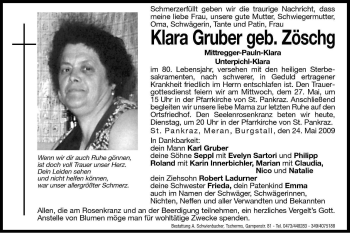 Traueranzeigen Von Klara Gruber Trauer Bz