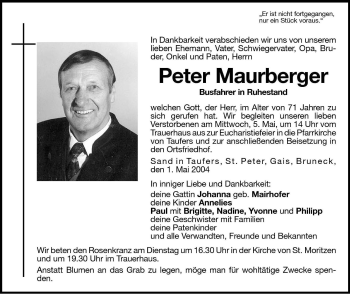 Traueranzeigen Von Peter Maurberger Trauer Bz