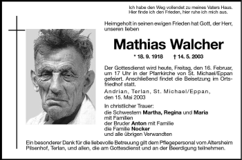 Traueranzeigen Von Mathias Walcher Trauer Bz