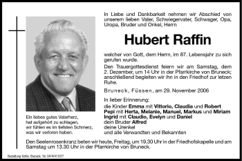 Traueranzeigen Von Hubert Raffin Trauer Bz