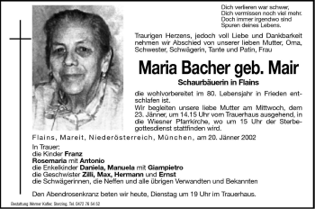 Traueranzeigen Von Maria Bacher Trauer Bz