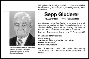 Traueranzeigen Von Sepp Gluderer Trauer Bz