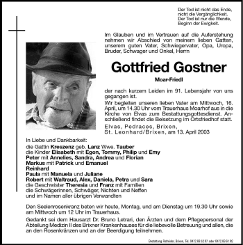 Traueranzeigen Von Gottfried Gostner Trauer Bz