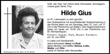 Traueranzeigen Von Hilde Gius Trauer Bz