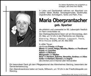 Traueranzeigen Von Maria Oberprantacher Trauer Bz