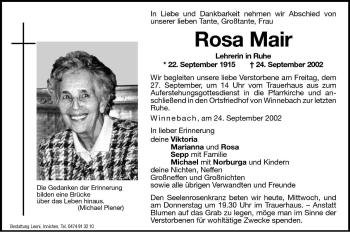 Traueranzeigen Von Rosa Mair Trauer Bz