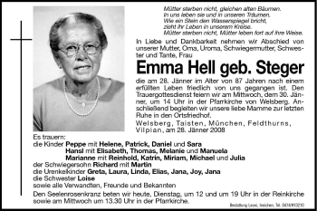 Traueranzeigen Von Emma Hell Trauer Bz