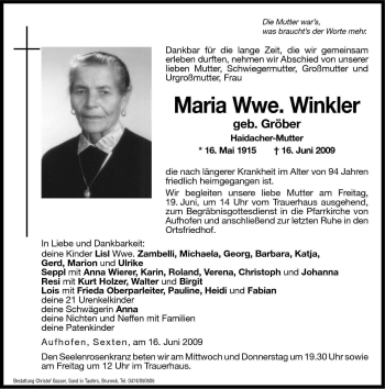 Traueranzeigen Von Maria Winkler Trauer Bz