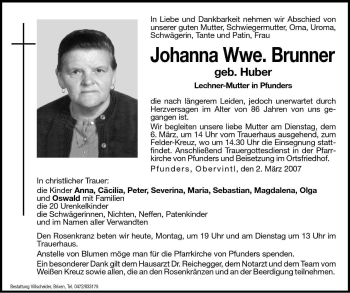 Traueranzeigen Von Johanna Brunner Trauer Bz