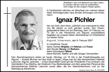 Traueranzeigen Von Ignaz Pichler Trauer Bz