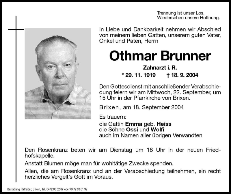 Traueranzeigen Von Othmar Brunner Trauer Bz