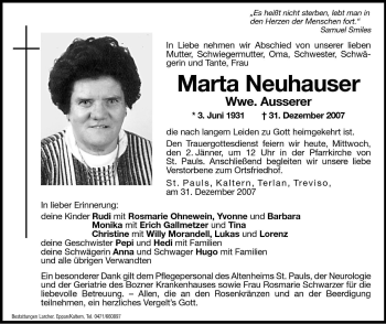 Traueranzeigen Von Marta Ausserer Trauer Bz