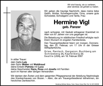 Traueranzeigen Von Hermine Vigl Trauer Bz