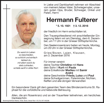 Traueranzeigen Von Hermann Fulterer Trauer Bz