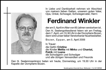 Traueranzeigen Von Ferdinand Winkler Trauer Bz