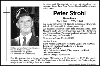 Traueranzeigen Von Peter Strobl Trauer Bz