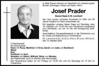 Traueranzeigen Von Josef Prader Trauer Bz