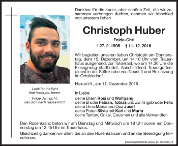 Traueranzeigen Von Christoph Huber Trauer Bz