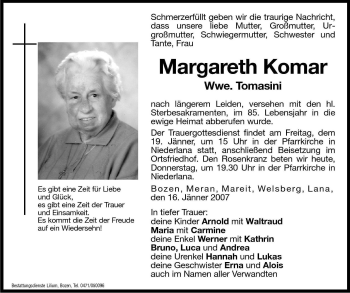 Traueranzeigen Von Margareth Tomasini Trauer Bz